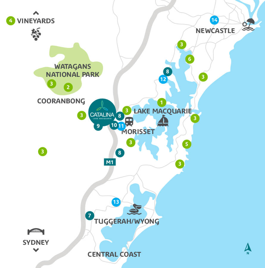 Map of Catalina Village retirement village with surrounding areas near Newcastle, NSW
